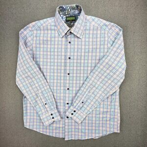 Inserch Icon Button Down Shirt Mens Blue Orange Plaid Jacquard Cotton 2XL